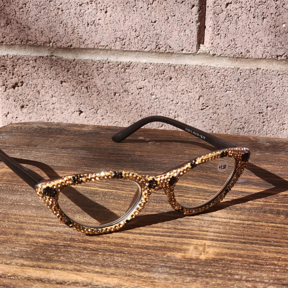 Women's Bling Cat Eye Readers Brown Rhinestones AB Reading Glasses Black +1.50